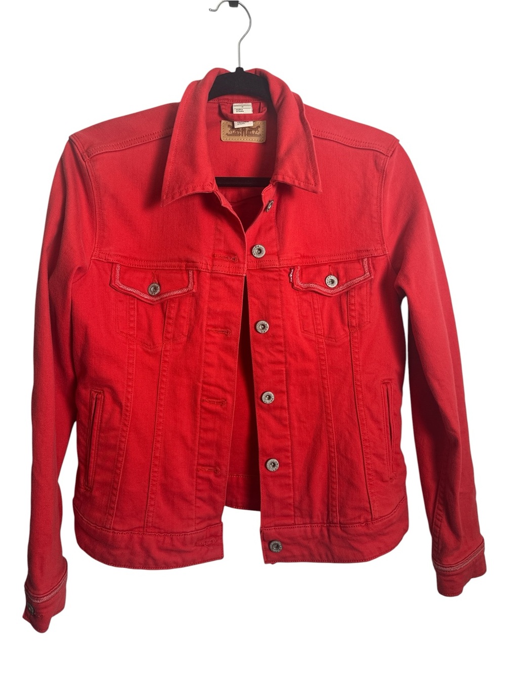 Levi's Red Denim Trucker Jacket Womens M Stretch Braided Trim